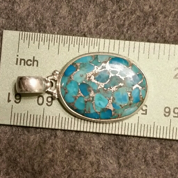 925 Silver Wide Oval Copper Blue Turquoise Pendant - Picture 6 of 7
